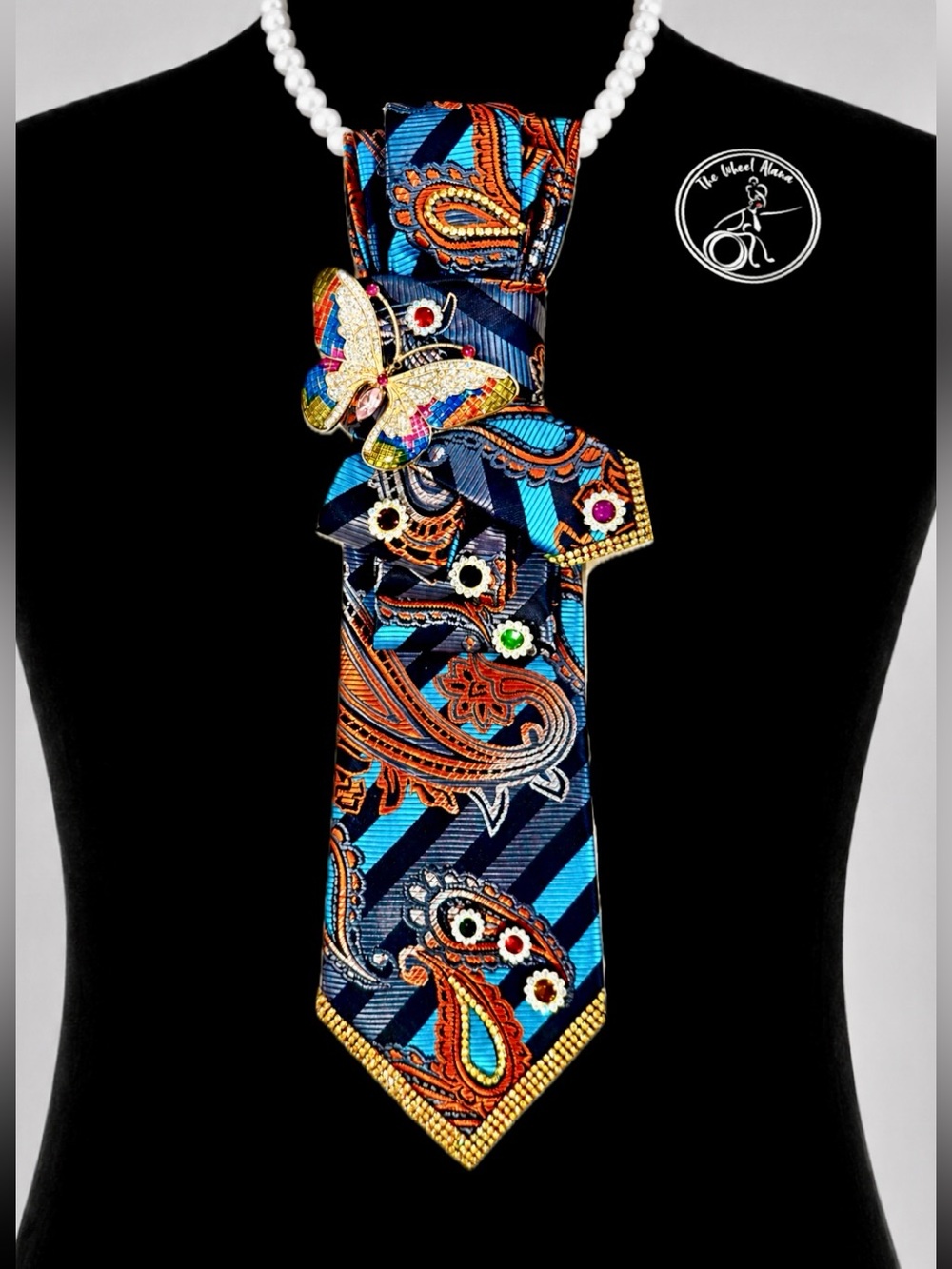Multicolor Paisley TIE NECKLACE with Rhinestone Butterfly and Gold Accents